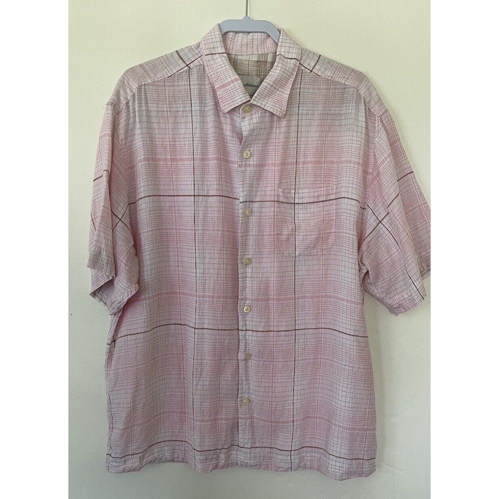 Tommy Bahama Mens Plaid Button Front Shirt Large 100% Linen  Pink White